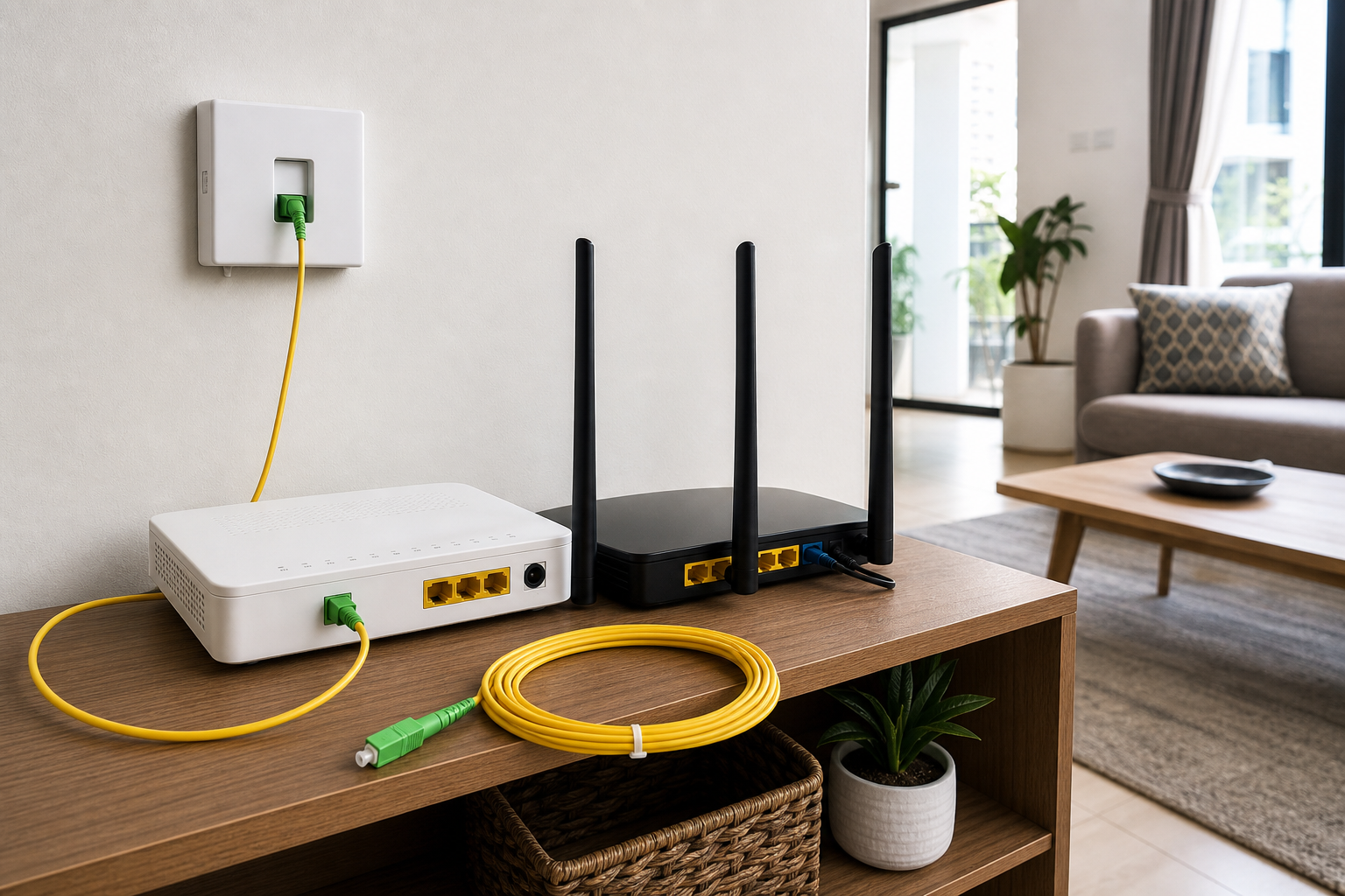 Fiber to the Home Kenya ONT router and fiber wall outlet